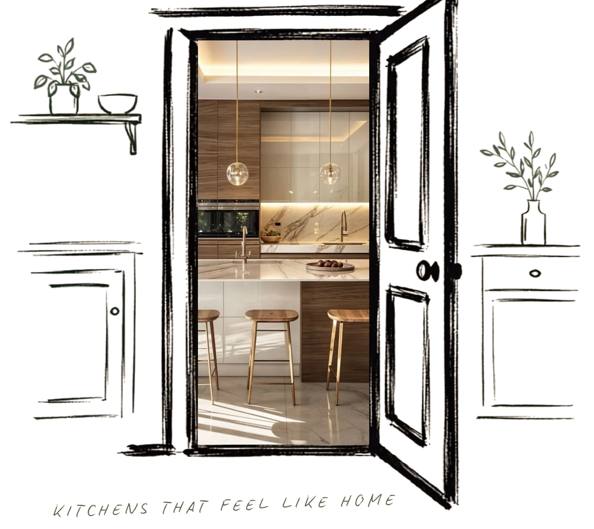 Hand-drawn room with a shelf, plants and cabinets around an open door that reveals a warm modern kitchen — Kitchens that feel like home
