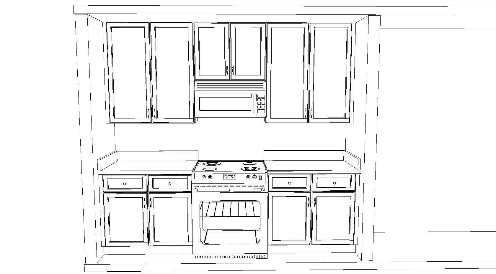 Line elevation drawing of a kitchen wall with cabinets and range