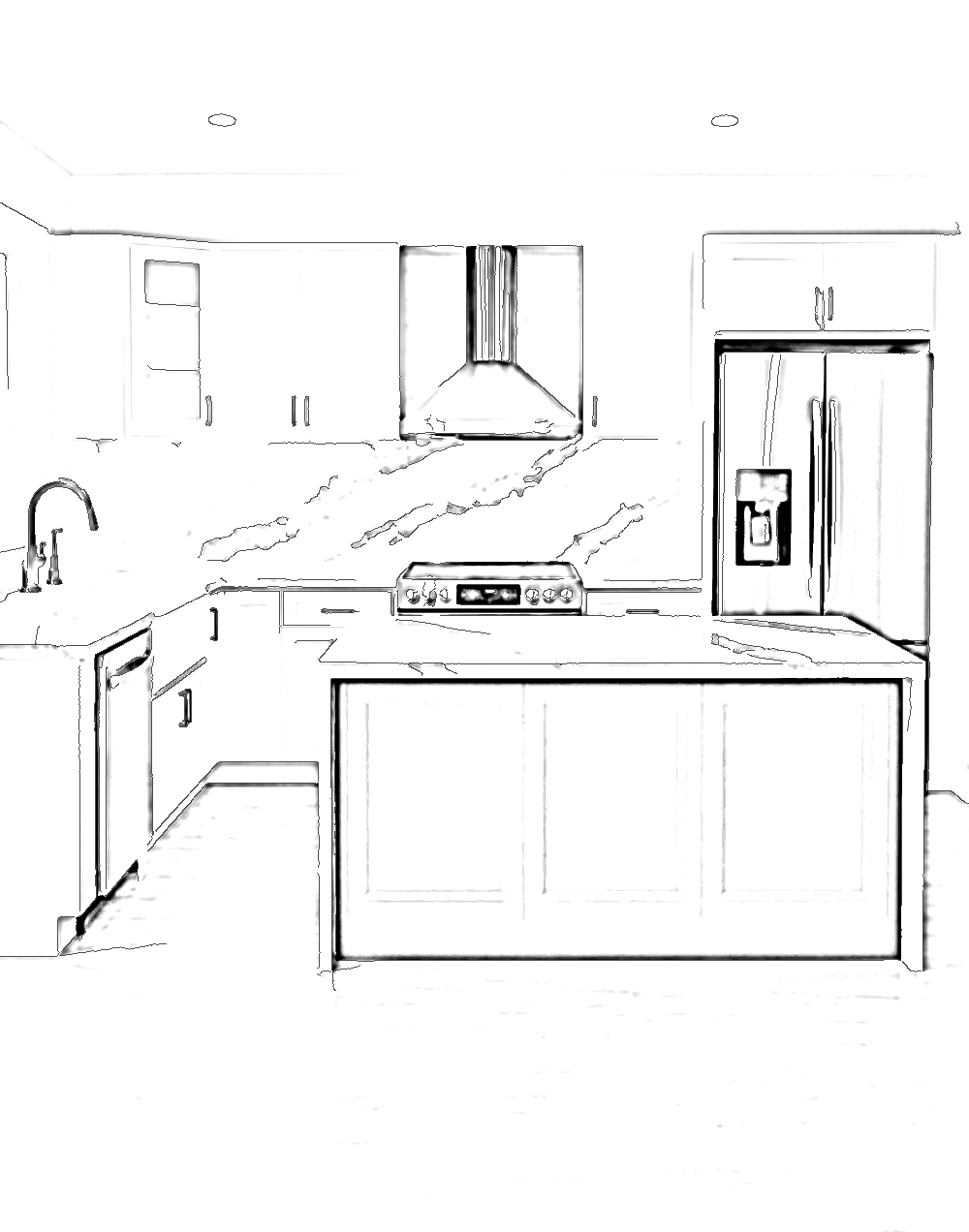 Line sketch of the same kitchen, drawn during the 3D design stage