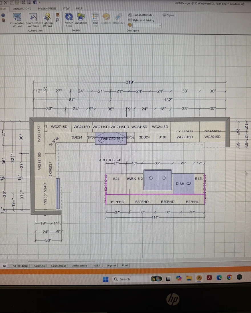 Kitchen floor plan with cabinet codes and dimensions on a monitor in the D’Panim studio