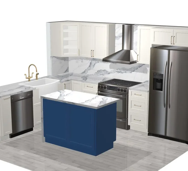 3D model of a kitchen with a navy island