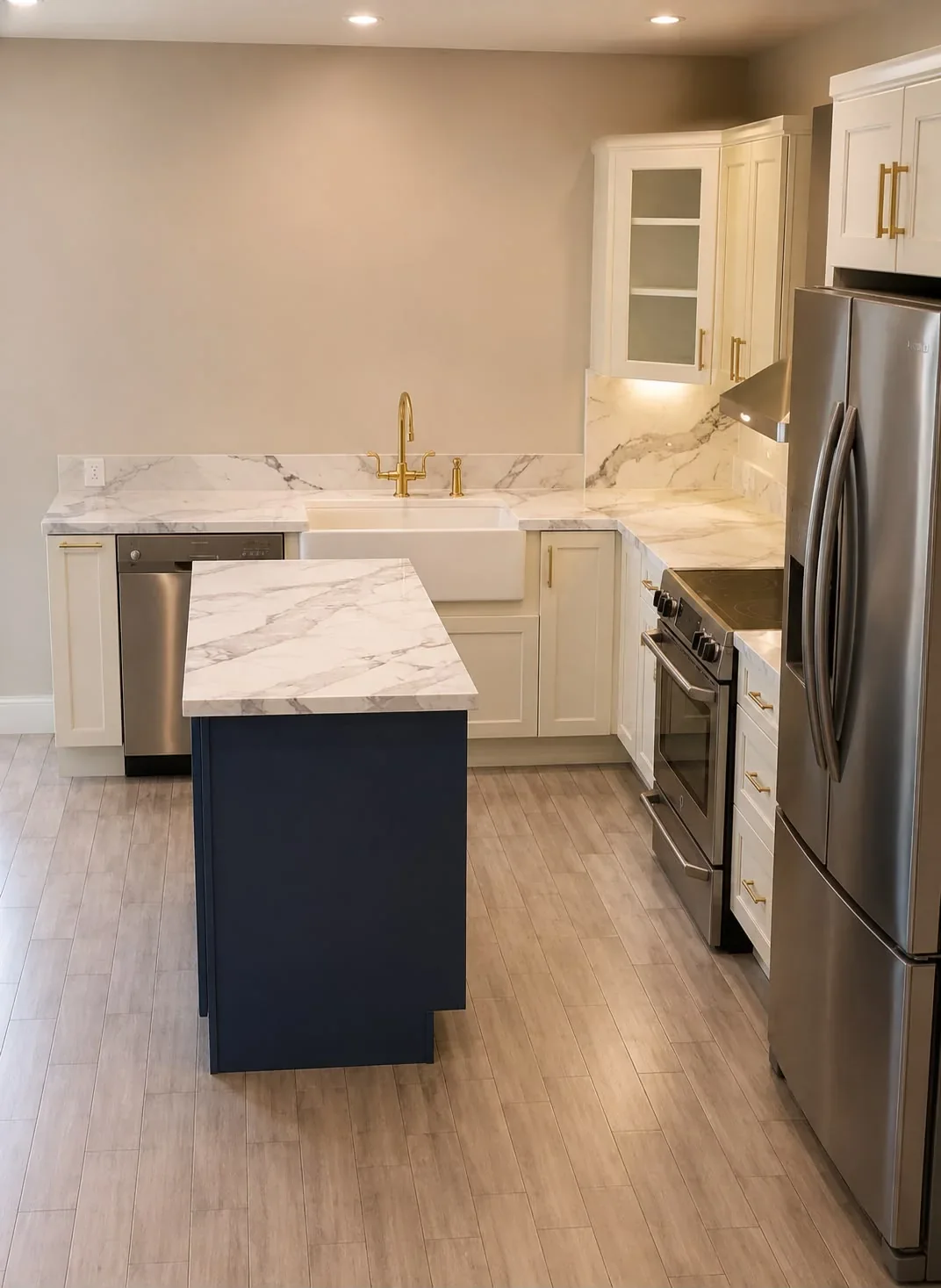 The finished navy island kitchen