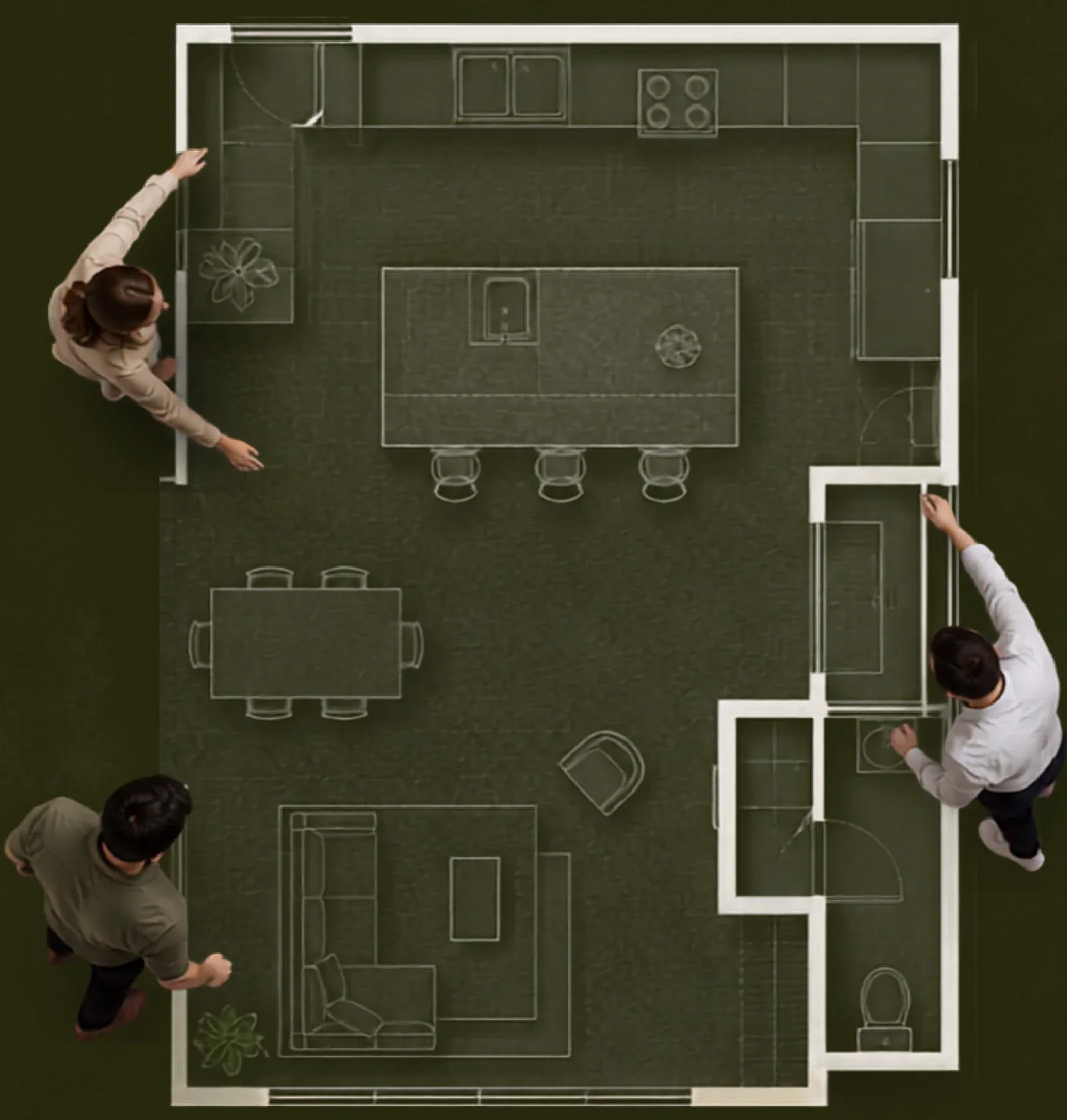 Top view of a kitchen floor plan drawn on a dark green ground, with the team and client standing around it