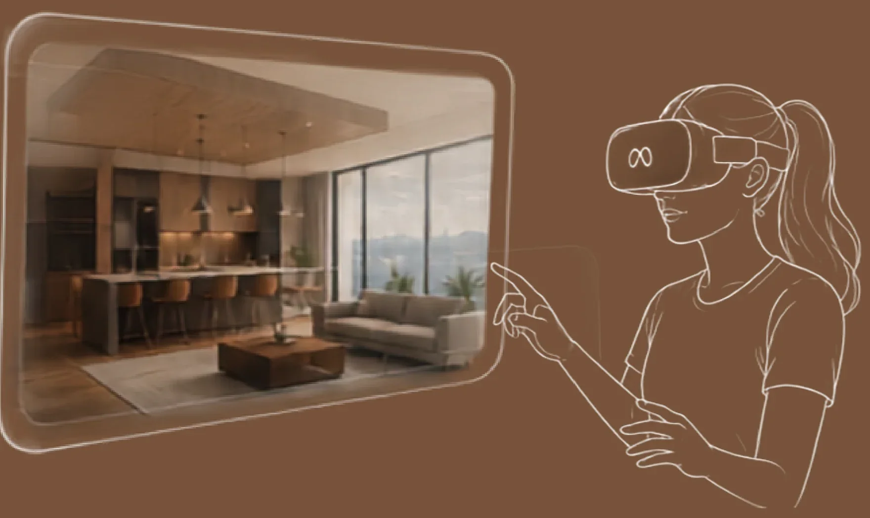 Line drawing of a client in a VR headset reaching toward a floating view of her future living room and kitchen