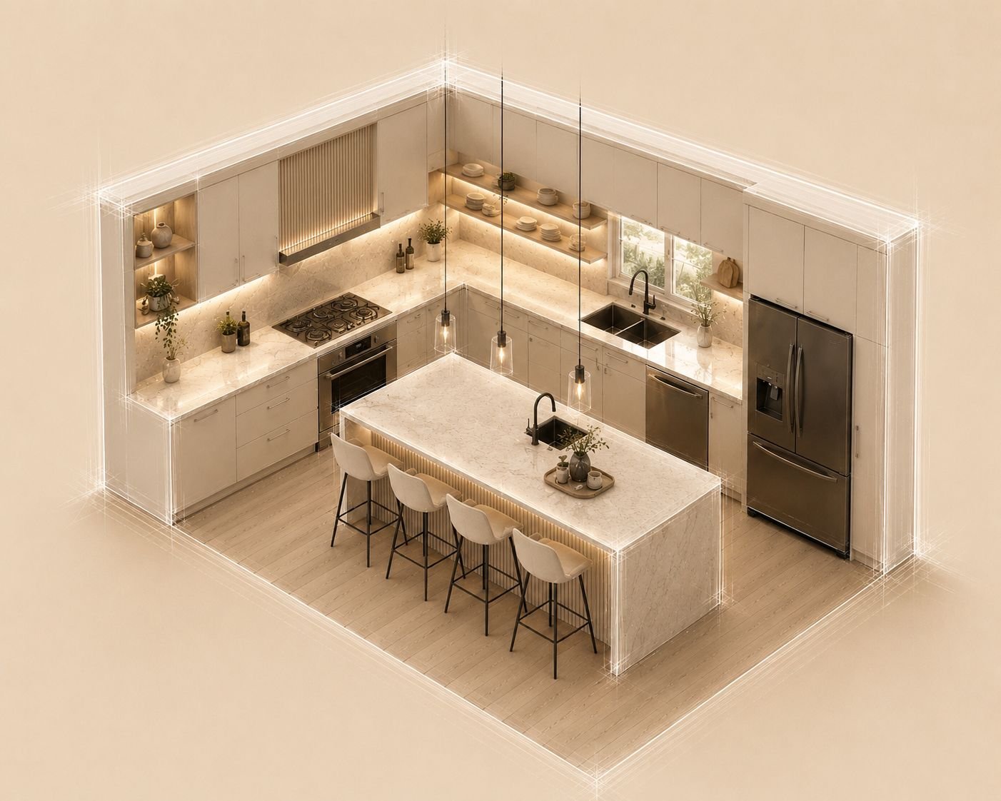 Isometric 3D rendering of an L-shaped kitchen with a marble island, fluted panels and open shelving