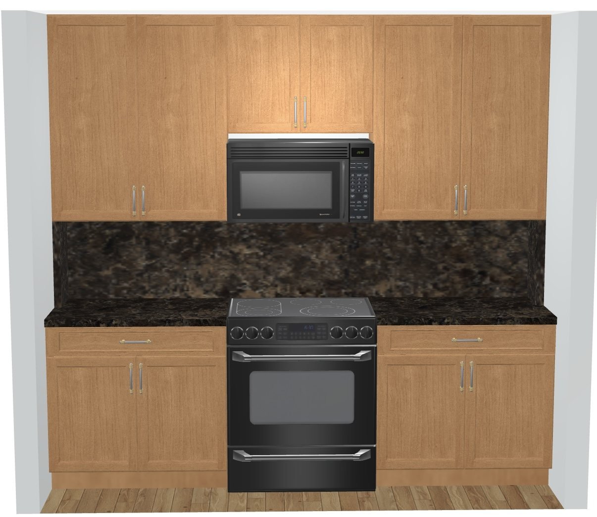 3D model of the same kitchen wall, rendered with wood cabinets and stone backsplash