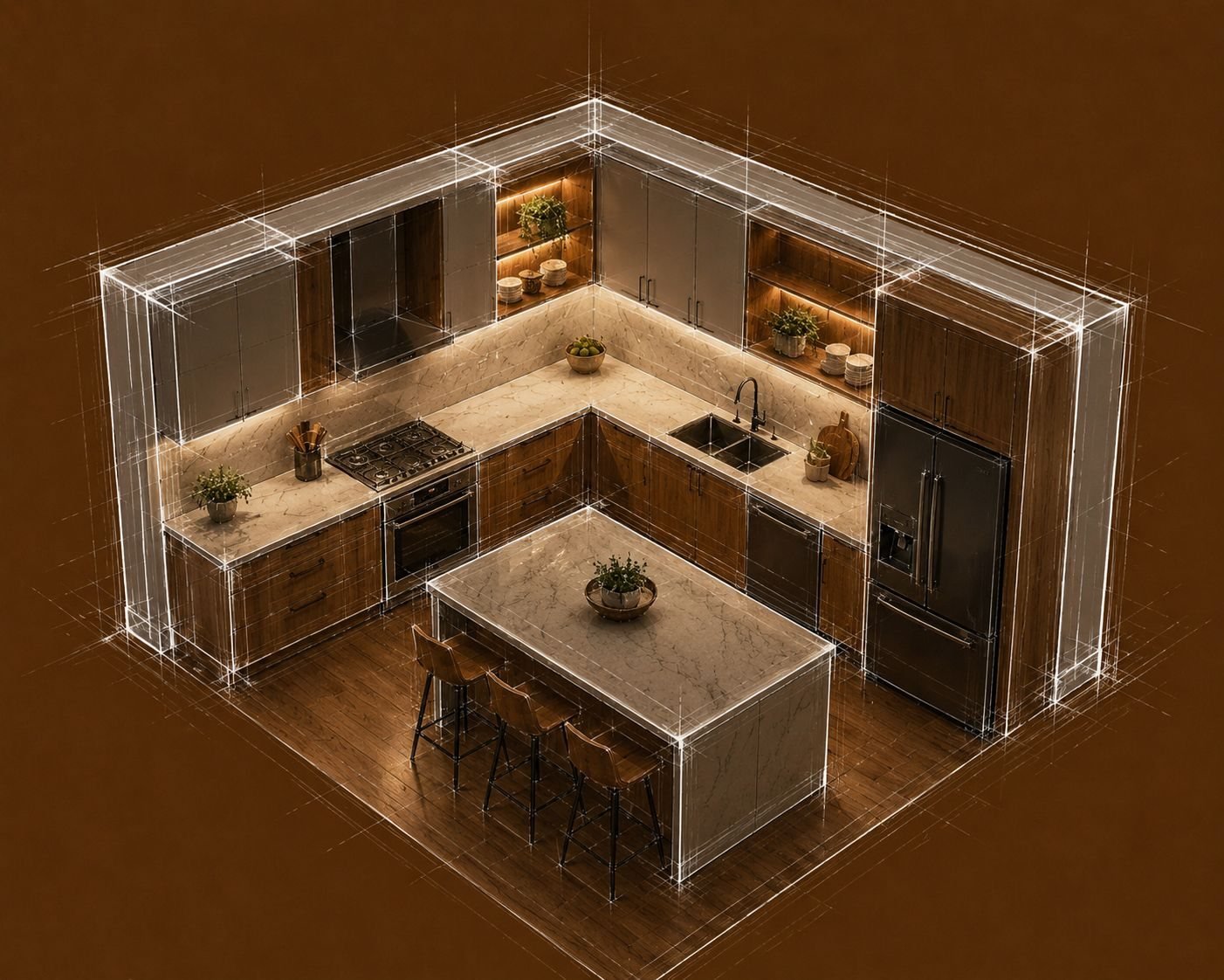 3D model of an L-shaped kitchen with an island, shown with its wireframe overlay