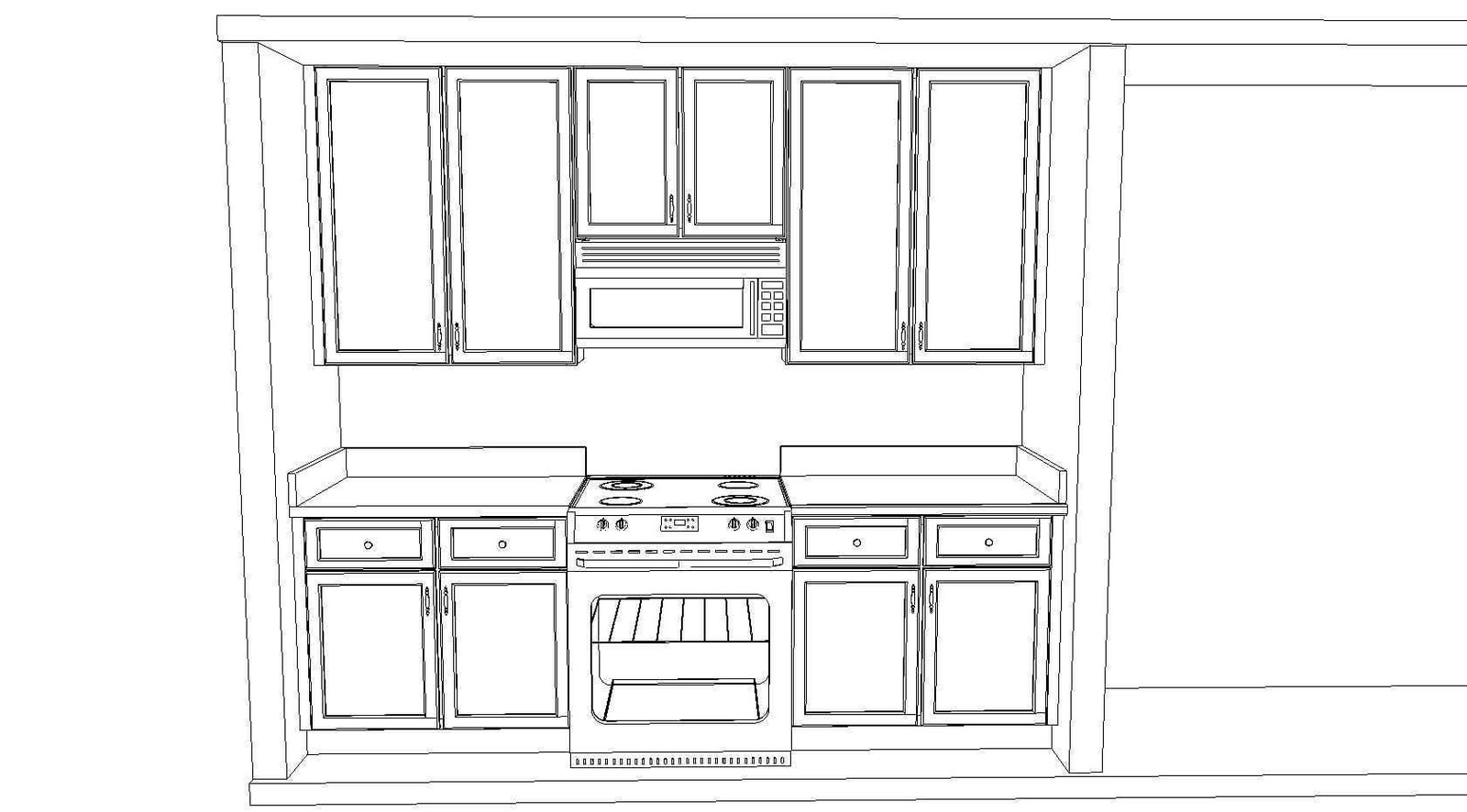 Line elevation drawing of the kitchen wall with cabinets, range and microwave