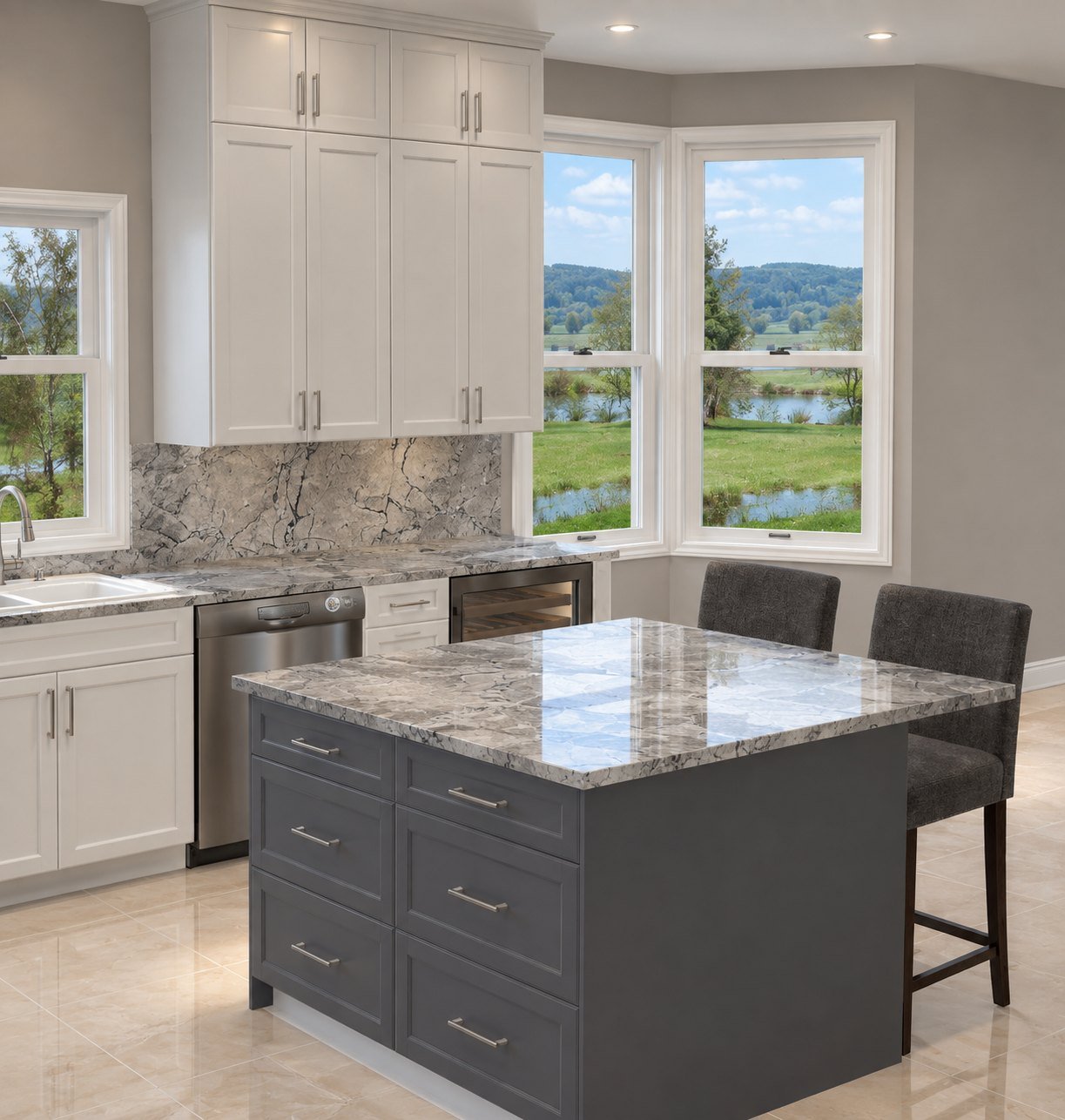 3D design of a white shaker kitchen with a charcoal island, granite countertops and a bay window