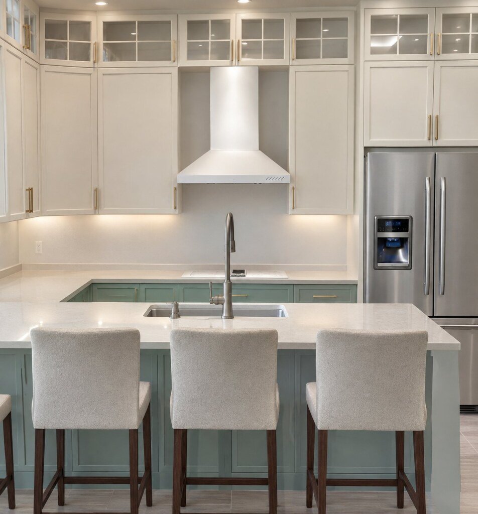 Finished kitchen with pearl upper cabinets, sage green island and a white range hood