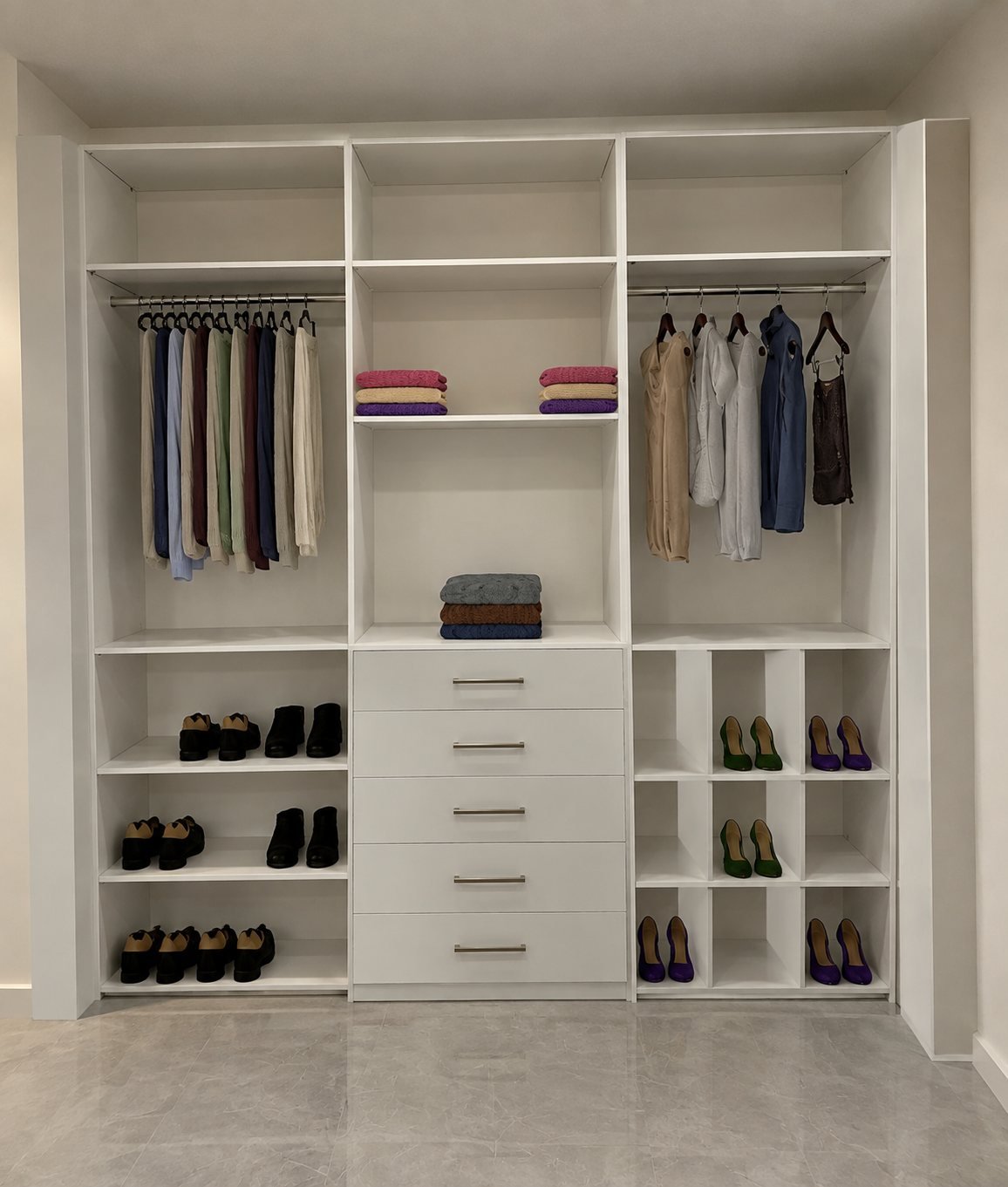 Custom white closet with hanging rods, drawers and shoe shelving