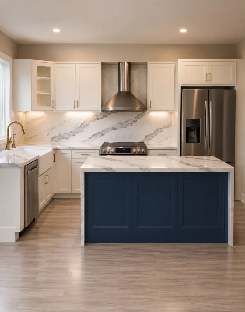 Kitchen with white shaker cabinets and a navy island