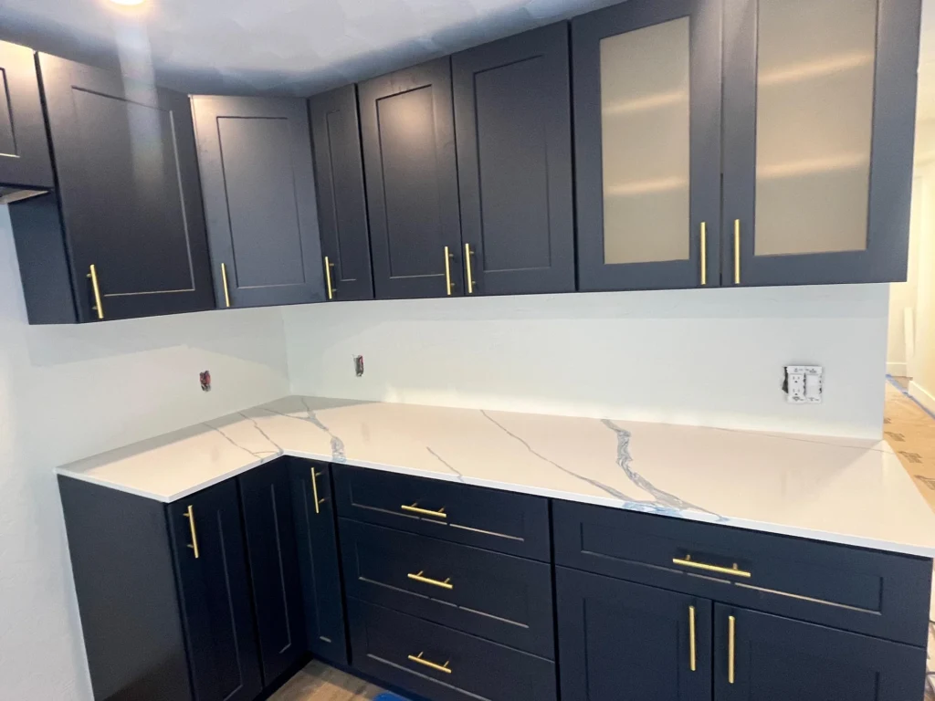 Navy shaker cabinets with gold pulls