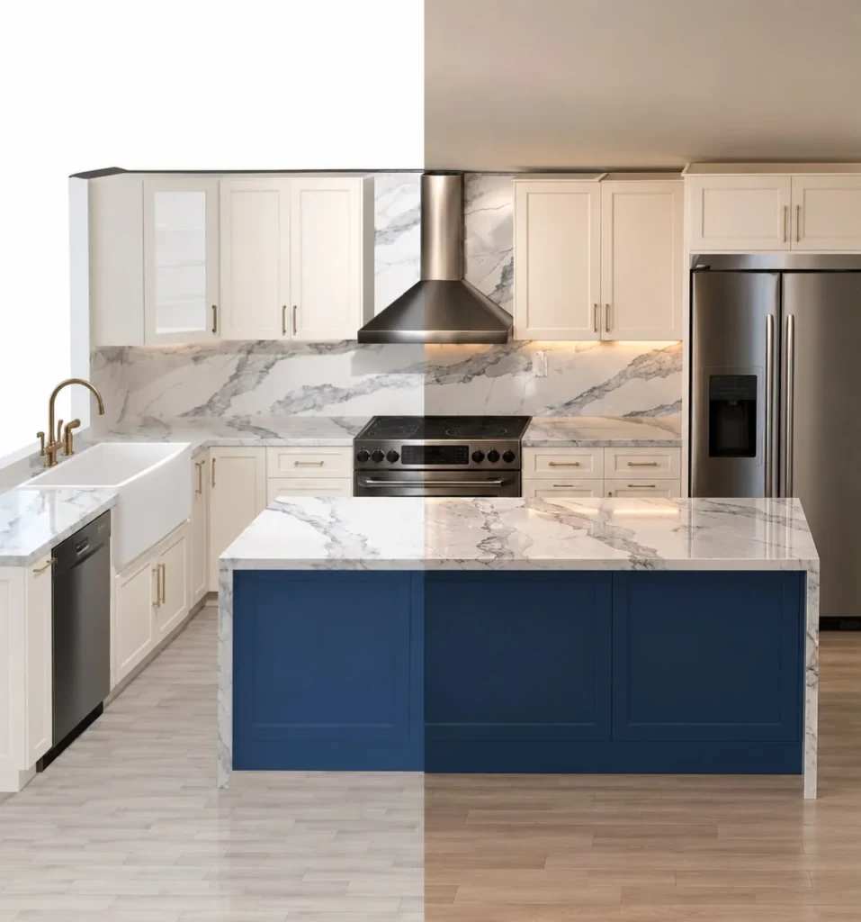Split comparison of the 3D design and the finished kitchen
