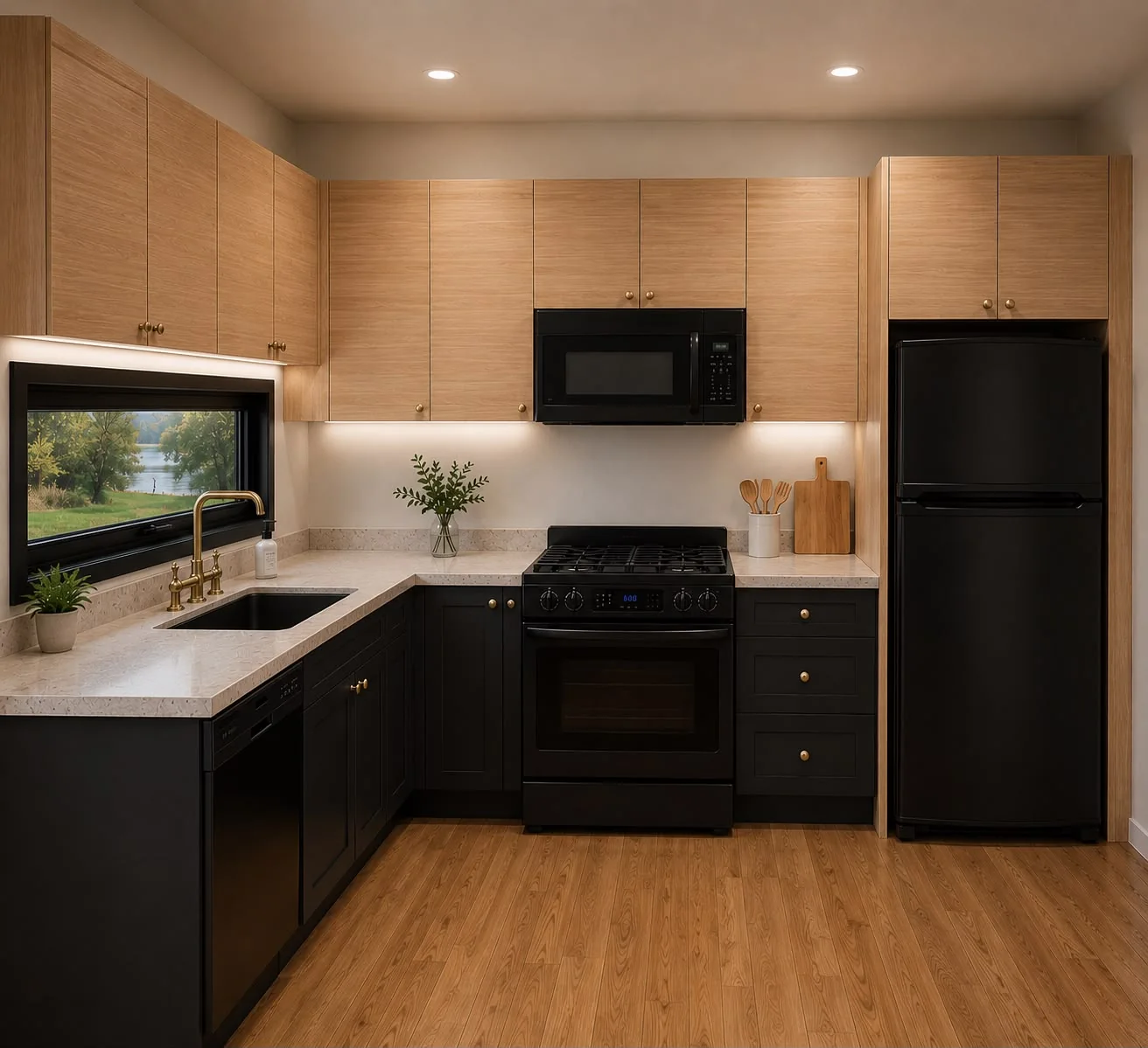 Kitchen with wood uppers and black lowers