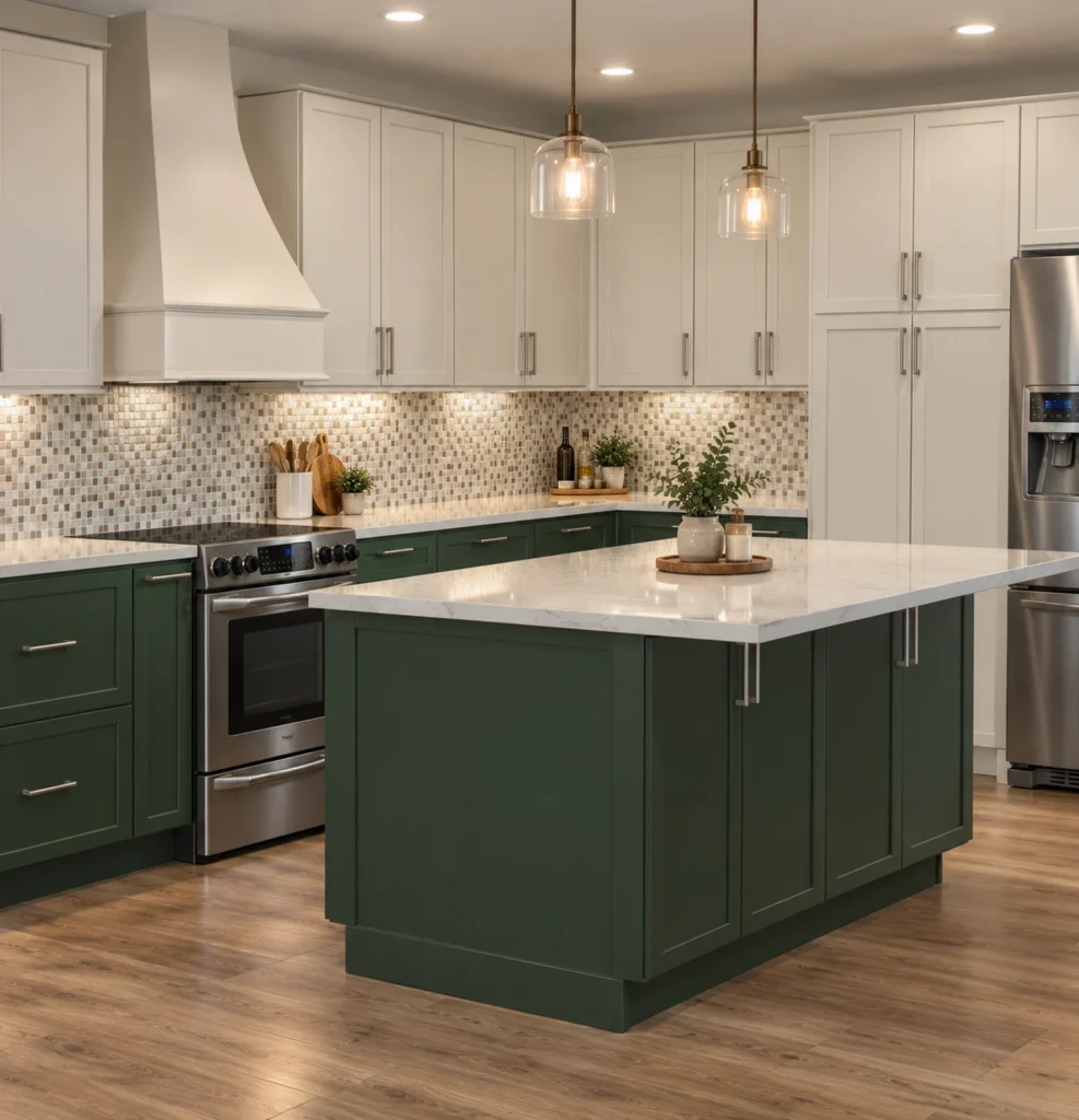 Finished kitchen with pearl upper cabinets, a dark green island and white quartz counters under pendant lights