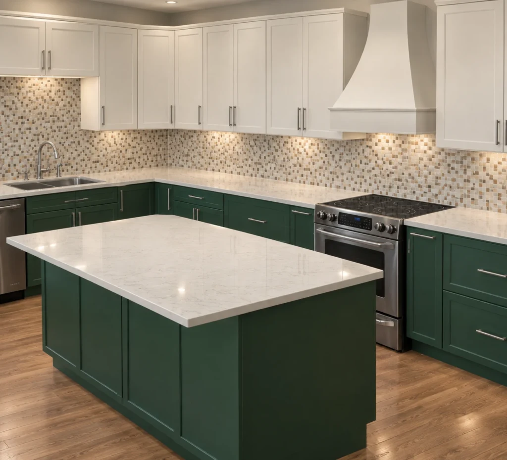 Dark green island and base cabinets with pearl uppers and a glass mosaic backsplash