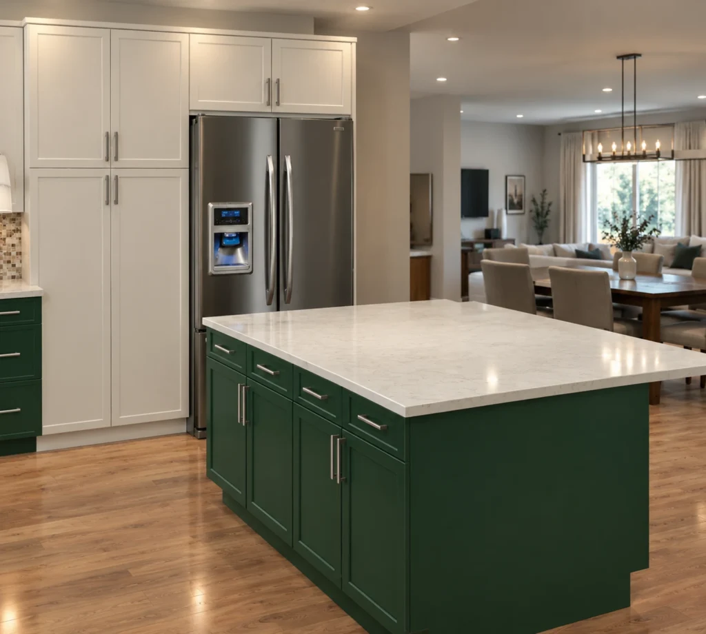Dark green island with a stainless fridge and the open living area beyond