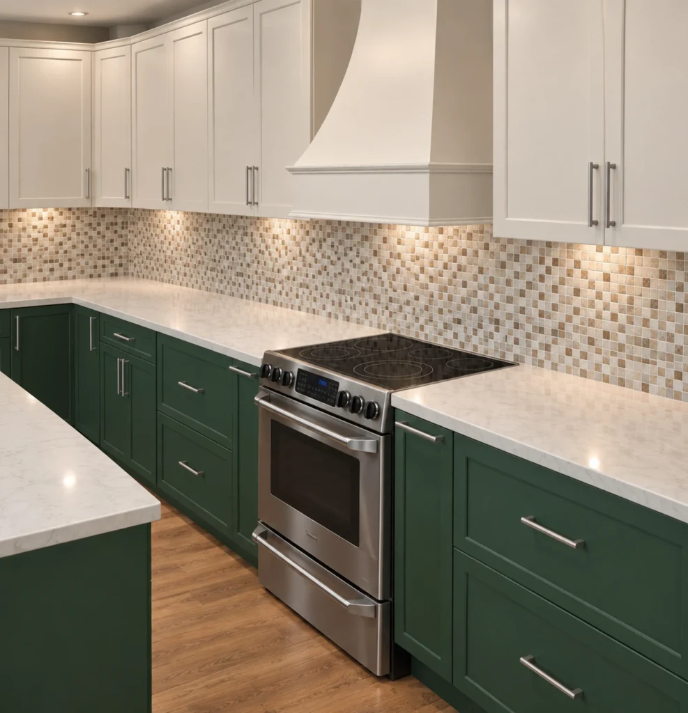Stainless range between dark green base cabinets under a plaster hood