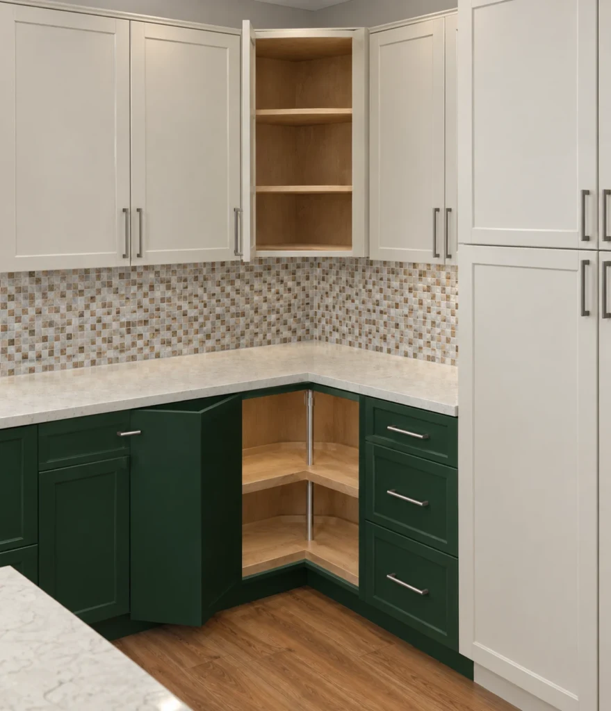 Corner cabinet with a lazy Susan in the dark green base run