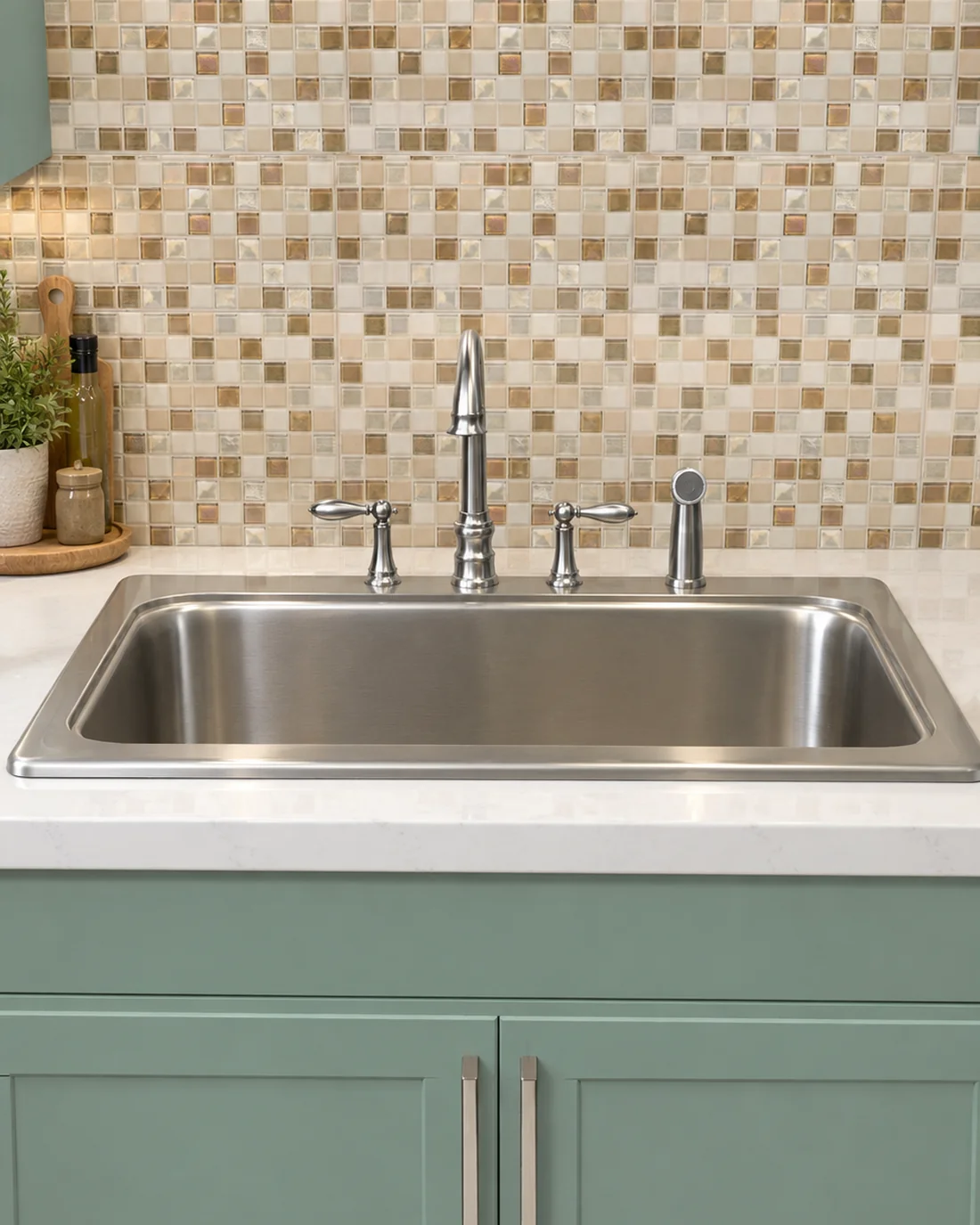 Stainless sink in a sage green base with a mosaic tile backsplash and a stone countertop